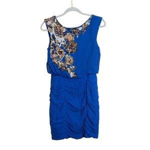 Aidan Mattox blue silk sequin bodycon popover top, ruched skirt,hand-beaded 4